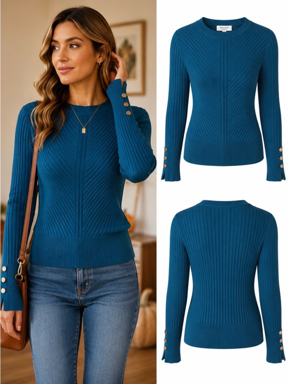Rio & Rian Teal Blue Chevron Ribbed Sweater Gold Button Cuffs S
